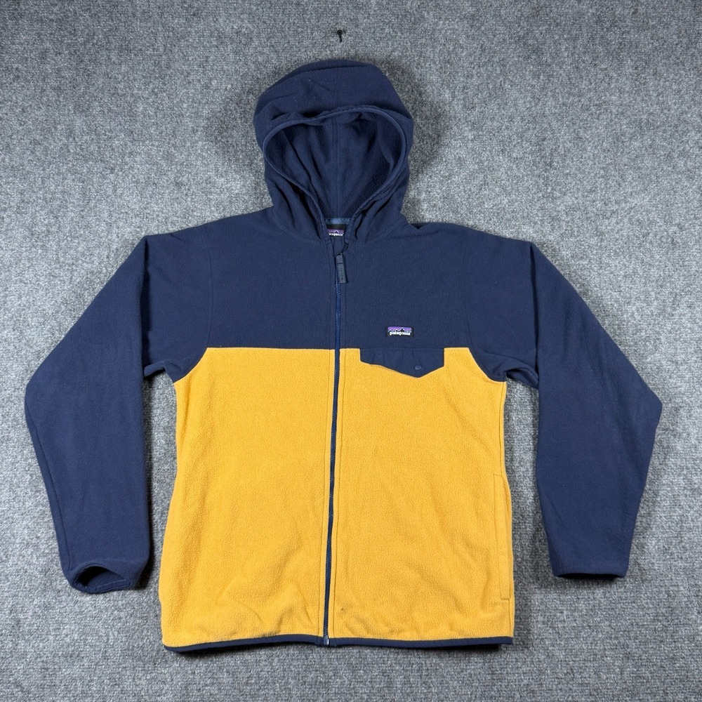 Patagonia Kids XL 14 Micro D Snap-T Fleece Hooded Zip Up Jacket Navy Gold #3849